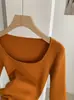 Suéter de Punto KEKEZOON Cuello Cuadrado Hombros al Descubierto Color Sólido Ajustado Manga Media para Mujer Estilo Coreano Puro Deseo 8758