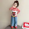 Conjunto de Roupa de Primavera para Meninas 2026 Novo Estilo Coreano Desenho Animado Camisola Conjunto de Duas Peças para Meninas Camisa Básica Listrada