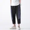 Pantalones Cortos de Algodón y Lino a Rayas Bloque de Color Estilo Chino para Hombre, Pantalones Harem de Campana, Pantalones Tipo Zanahoria, Pantalones Harem Cónicos