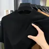 Camiseta de Lã Fina de Manga Curta para Homens, Outono, com Seda, Gola Meia-Alta, Jovem, Cor Sólida, Tricô de Manga Curta, Roupa Masculina