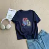 Camisa con Tacto a Lino para Mujer, Camisa Delgada Holgada Estilo Coreano, Top Versátil de Algodón con Estampado de Gato, Manga Corta, Rejuvenecedor, Cuello Redondo