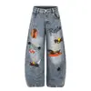 Jeans Retro de Dibujos Animados Americanos de Terciopelo Flocado con Forma de Cimitara para Hombres y Mujeres, Nuevo Estilo de Verano, Pantalones Sueltos Casuales de Pierna Ancha hasta el Suelo