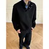 Sudadera de peso pesado con retazos a cuadros de imitación de dos piezas con cuello alto sin capucha para hombre, otoño, corte limpio, streetwear americano, chaqueta casual