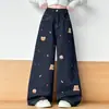 Jeans de Pierna Recta con Bordado de Oso para Niñas 2025 Nuevo Otoño Nuevo Cintura Alta Ajustados Sueltos Pierna Ancha Estilo Coreano