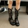 Botas de Cowboy Ocidentais Bordadas com Salto Grosso Super Descoladas para Mulheres, Novas Estilosas Versáteis Botas Definitivas de Cavaleiro do Ermo Outono e Inverno 2026