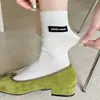 Calcetines Serie Miu para Mujer con Etiquetas de Tela de Letras, Calcetines Finos de Media Caña para Primavera y Verano, Calcetines Holgados de Canalé Versátiles de Color Sólido, Calcetines Largos sin Costuras
