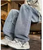 Calça jeans masculina estilo americano com aspecto desgastado, marca vintage moderna, calça longa estilosa para todas as estações, lavada, solta, reta, perna larga