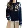 Cárdigan de punto con cuello redondo de manga larga para mujer, modelo nuevo 2026 transfronterizo, suéter de punto jacquard grueso holgado para otoño e invierno