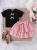 Traje Nuevo Lindo para Niña de Verano Europeo y Americano Camiseta Negra de Manga Corta con Estampado de Lazo con Vestido Tutú de Pastel