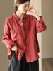Camisa de Manga Larga de Algodón y Lino Vintage, Nueva Versátil para Primavera y Otoño, Holgada, Adelgazante, Cuello Polo, Elegante, Rejuvenecedora, Ropa para Mujer