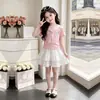 2026 Nova Moda de Verão Elegante Camiseta de Manga Curta Meninas Doce Bonita Saia de Renda Conjunto de Duas Peças Vestido