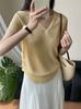 Taogawa Coreano Cuello en V Botón Chic Manga Corta para Mujer Top de Punto Adelgazante con Cintura Plisada YL318-1