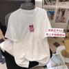 Camiseta de Manga Corta para Mujer, Algodón Puro, Cuello de Bolsa, Estampado de Oso con Gafas de Sol de Dibujos Animados, Nueva de Verano, Holgada, de Longitud Media, Top Casual, de Moda