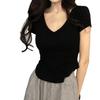 Camiseta Feminina Manga Curta Decote V Estilo Desejo Puro, Nova Slim Fit Verão 2026, Top Base Curto Irregular Hot Girl Emagrecedor