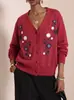Cárdigan de Punto Bordado de Moda Europeo y Americano para Mujer, Nuevo Suéter Abrigo Holgado Vintage Floral con Cuello en V para Otoño e Invierno