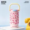 Nova caneca de café de alta aparência de uso duplo, caneca térmica de aço inoxidável mais vendida com estampa de leopardo e alça, copo portátil à prova de vazamento com canudo