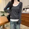 Camiseta de Manga Larga con Cuello Redondo, Bloques de Color Estilo Coreano, Falsa Dos Piezas para Mujer, Ropa Interior de Invierno, Hombro Normal, Adelgazante, Top Básico Versátil