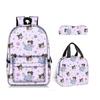 Nova mochila escolar kuromi kuromi, bolsa de almoço portátil com isolamento, bolsa para lápis, conjunto de três peças