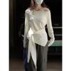 Suéter Irregular com Amarração e Patchwork Novo Estilo Outono/Inverno Moda Francesa Relaxado Emagrecedor e Suave para Mulheres