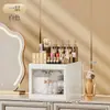 Caixa de Armazenamento com Porta de Empurrar para Cosméticos de Mesa Prateleira de Armazenamento Multicamadas Suprimentos de Papelaria Doméstica Caixa de Armazenamento à Prova de Poeira para Produtos de Skincare