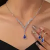 Estilo Europeu e Americano Super Brilhante Azul Gota de Água Pingente Brincos Colar Conjunto Moda Luxo Acessível Acessórios Nupciais de Casamento de Alto Nível