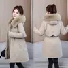 Jaqueta de algodão para comércio exterior transfronteiriço para mulheres, parka novo estilo inverno com pele sintética e forro de fleece, casaco de algodão com gola de pele
