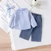 Exclusivo Transfronteiriço Conjunto Europeu e Americano Primavera e Outono para Bebês e Crianças Pequenas Meninas Camisa de Manga Longa Listrada + Calça Jeans Conjunto de Duas Peças