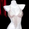 Corrente de corpo de lingerie feminina de pedra preciosa banhada a ouro e prateada estilo europeu e americano transfronteiriço, joia de corrente de sutiã sexy exagerada para boate