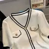 Top de punto con cuello en V y manga corta estilo Chanel para mujer, elegante y juvenil, chaqueta con bloques de color nuevo para el verano 2025