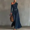 2026 Novo Estilo Europeu e Americano Cor Sólida Simples Um Ombro Manga Longa Conjunto Casual Moda Confortável Saia Longa com Cinto