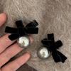 Horquilla de Lazo de Terciopelo Negro Estilo Chanel Dulce Perla Flequillo Clip Lateral Adorno para el Cabello con Clip de Pico de Pato Lindo para Mujer