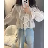 Enviado. Camisa de encaje con volantes y cordones, manga acampanada, corte holgado, protector solar, de gasa floral de Dongdaemun, Corea 17302