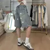 Shorts Jeans Vintage Lavado Estilo Retrô Americano para Mulheres, Calças Versáteis de Perna Reta Estilo de Rua Emagrecedoras de Perna Larga Tendência