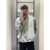 Moletom Americano com Zíper Duplo e Painéis Masculino Cinza High Street Casual Gola Redonda Silhueta Manga Caída Design Pesado Jaqueta