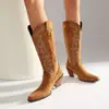 Botas de cano alto, botas de cowboy western bordadas retrô para mulheres, novo estilo europeu e americano 2026, bico quadrado pequeno, salto grosso, botas da moda, disponíveis no AliExpress