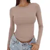 2025 Tops Casuais Femininos de Manga Longa Coloridos Sólidos, Slim, Gola Redonda, Sexy, Versáteis, Novos para Outono, Cruzados Europeus e Americanos