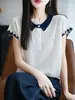 Top Artístico de Bambú y Lino con Cuello Polo Botones Rayas Manga Corta Holgado Transpirable Adelgazante para Mujer