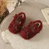Zapatos Peludos Lindos 2026 Otoño/Invierno Nuevos Zapatos de Princesa Estilo Coreano para Niñas con Lazos Suela Suave Más Terciopelo Cálidos Zapatos de Algodón