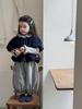 Conjunto para Niñas Estilo Coreano Dulce Suéter de Punto con Encaje Invierno Top Azul Elegante para Niños Pantalones de Campana de Lunares