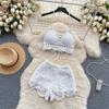 Traje Estilo Resort de Playa, Top Halter Sexy sin Espalda, Pantalones Cortos de Ganchillo Huecos de Pierna Ancha Retro, Conjunto de Dos Piezas a la Moda