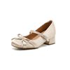 Sapatos Mary Jane Femininos Petite Aumentadores de Altura com Laço, Bico Quadrado, Salto Grosso, Boca Rasa, Sapatilhas Elegantes Versáteis de Tira Única