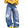 Novos jeans de perna larga com bordado floral patchwork estilo americano, corte solto e emagrecedor, versáteis para homens e mulheres
