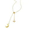 Cadena ajustable de acero de titanio chapado en oro de 18K, diseño de estrella y luna, no se decolora, cadena extensora de collar de perlas, accesorio de cadena para suéter DIY