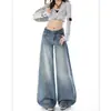 Jeans Azules de Cintura Media Pierna Ancha para Mujer, Tendencia de Primavera Nuevo Retro Americano Holgados con Bigotes Agrietados Pantalones Rectos