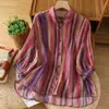 Excedente genuino de exportaciones de comercio exterior: Camisa casual de algodón y lino con rayas estampadas vintage de verano, elegante, con solapa, manga corta fina