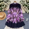 Vestido Social Europeu e Americano Transfronteiriço Elegante com Decote V, Botões Únicos, Estampado, Cintura Apertada Feminina, Saia Evasê Justa, Vestido de Primavera 2025