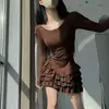 92% algodón, 8% elastanoDiseño de volantes multicapa estilo ballet para ceñir la cintura, vestido tipo capullo de flor para mujer, vestido corto de manga larga