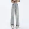 Jeans Azules Claros Lavados de Tiro Alto para Mujer, Pantalones Vintage Sueltos Rectos de Pierna Ancha Caídos Hasta el Suelo Tendencia para Primavera y Otoño