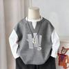 Camiseta de Manga Larga para Niños 2025 Nuevo Top Chaleco Infantil Primavera y Otoño Estampado Falso Dos Piezas Camiseta Base Conjunto de Primavera y Otoño para Niños Camiseta
