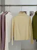 KEKEZOON Camiseta Base Manga Longa Slim Fit Cor Sólida Gola Meio Alta com Babados Ombro Normal para Mulheres 8705